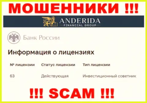 АндеридаГруп утверждают, что имеют лицензию от Центробанка Российской Федерации (данные с информационного ресурса мошенников)