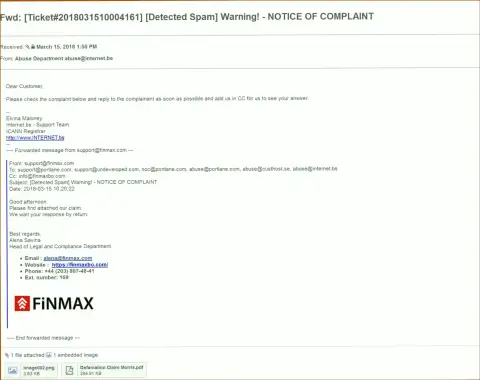 Аналогичная жалоба на официальный веб-сайт FiN MAX пришла и регистратору домена