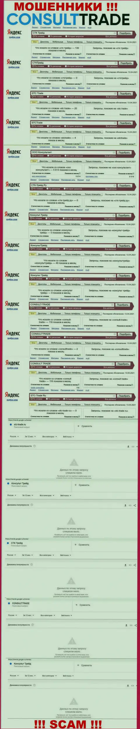 Скриншот результатов онлайн запросов по преступно действующей организации STC-Trade Ru